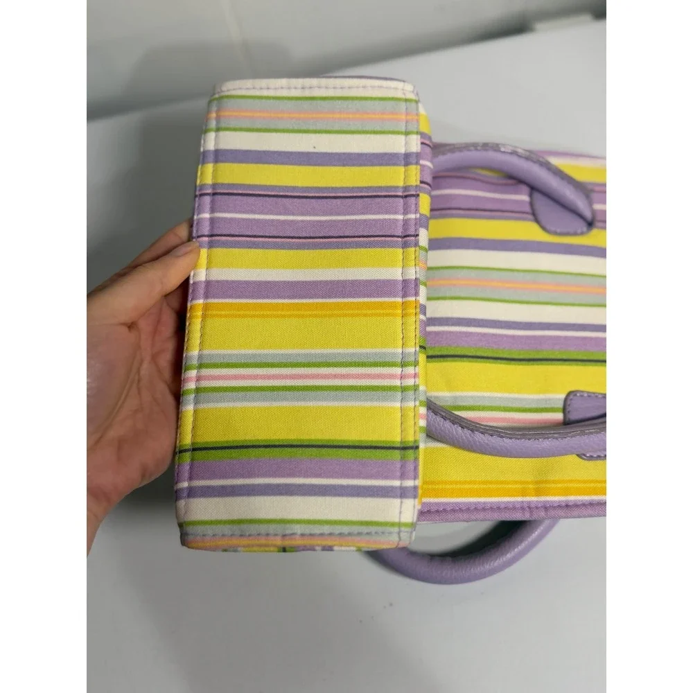 Longaberger Tote Bag Purple Yellow Multi Stripe Canvas Top Handle Purse Handbag